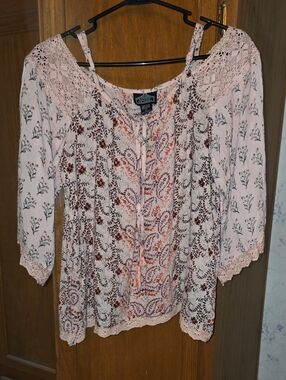 Angie Blush Pink Floral Crochet-Trim Peasant Tunic
